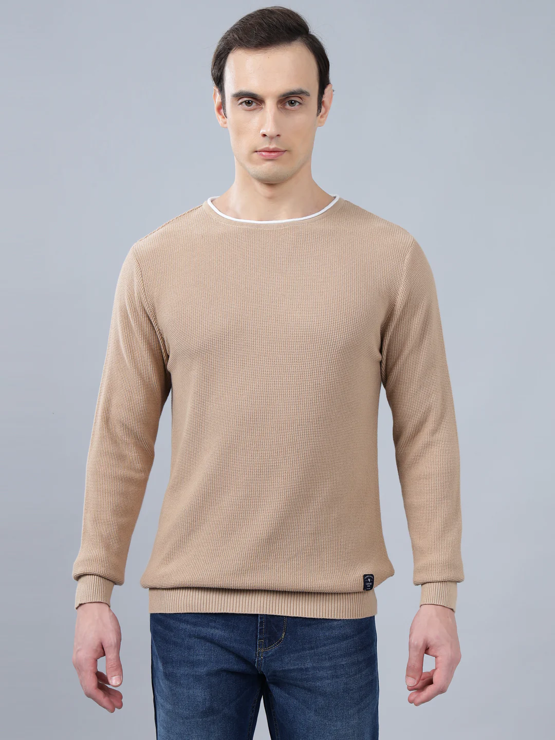Men's Beige Self Design Full Sleeve Sweater - Image 2