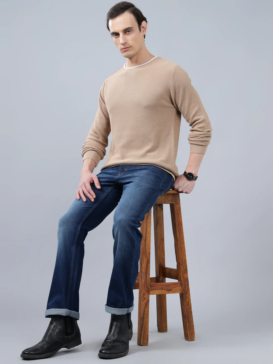 Men's Beige Self Design Full Sleeve Sweater - Image 3