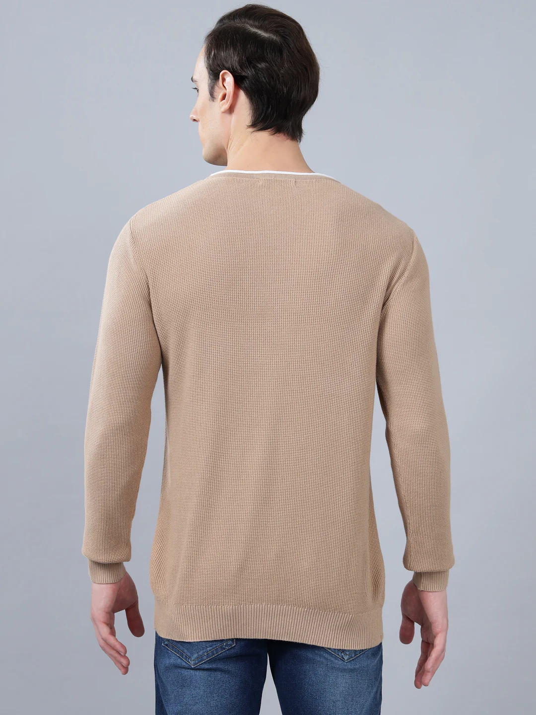 Men's Beige Self Design Full Sleeve Sweater - Image 4
