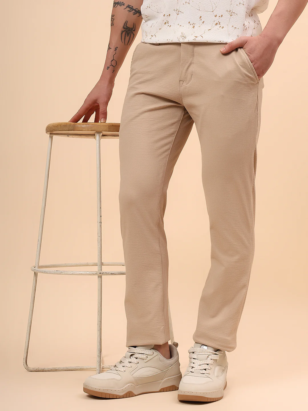 Casual Trouser for Men | Breathable & Soft with Color Fastness Regular Fit Polyester Fabric Self Design Pattern Button Closure - Image 3