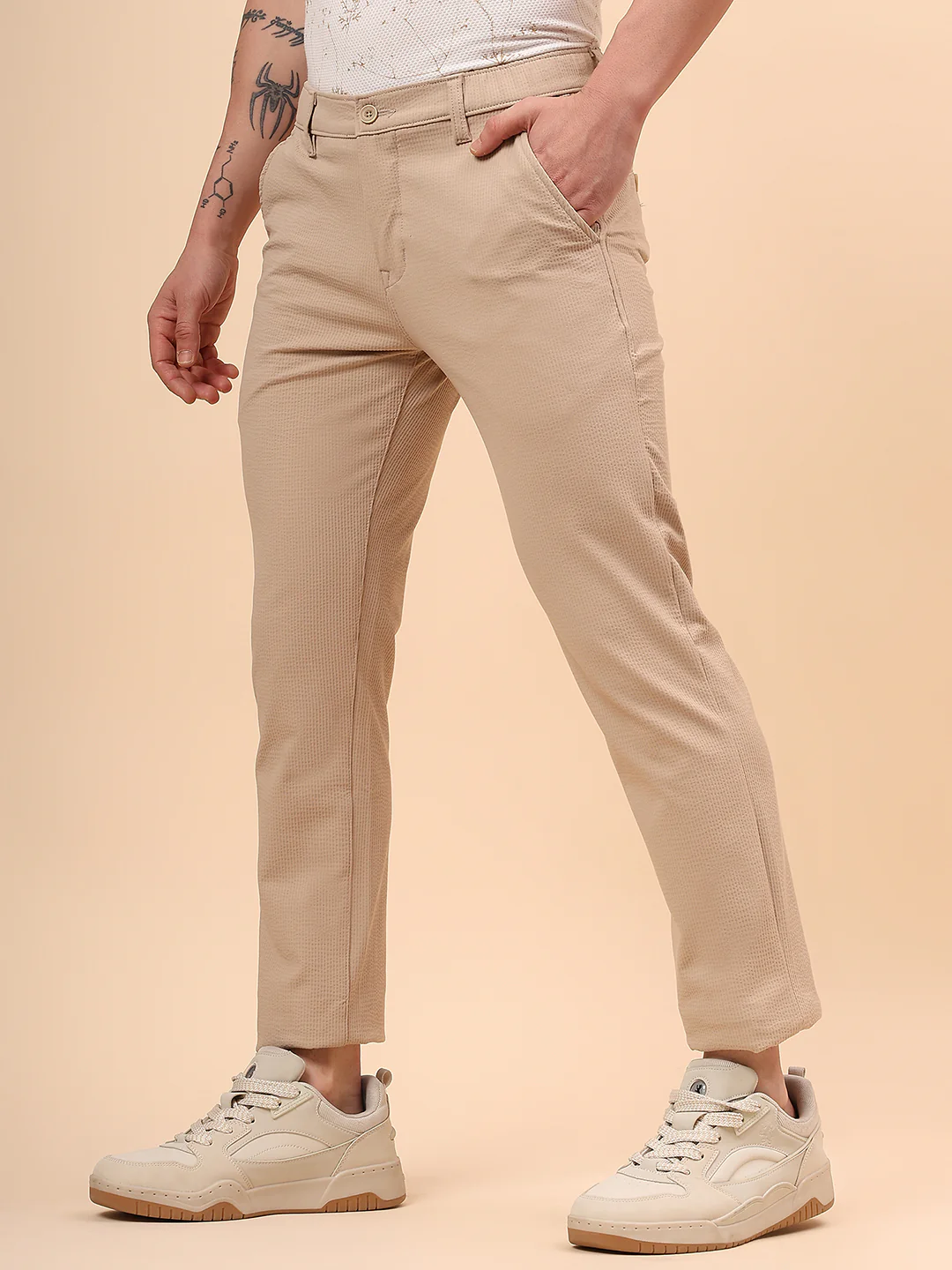 Casual Trouser for Men | Breathable & Soft with Color Fastness Regular Fit Polyester Fabric Self Design Pattern Button Closure - Image 5