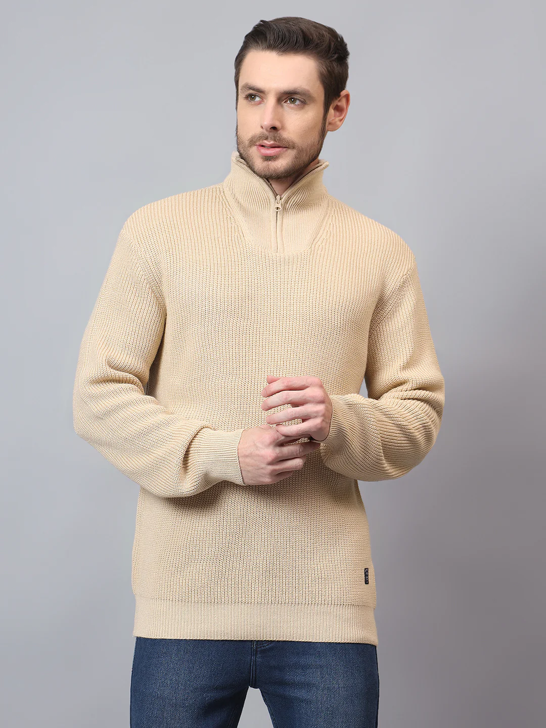 Men's Beige Solid Full Sleeve Sweater - Image 2