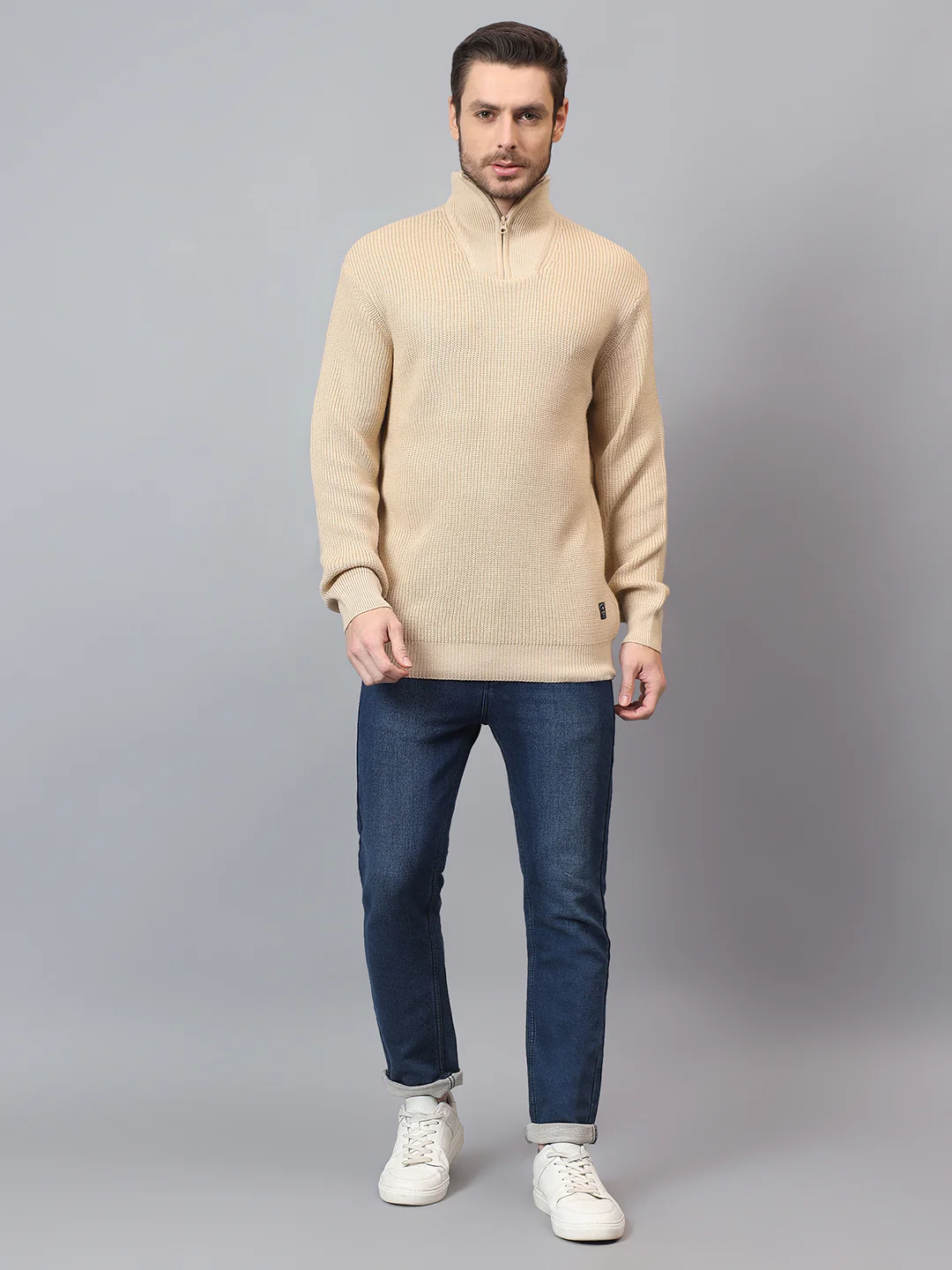 Men's Beige Solid Full Sleeve Sweater - Image 3