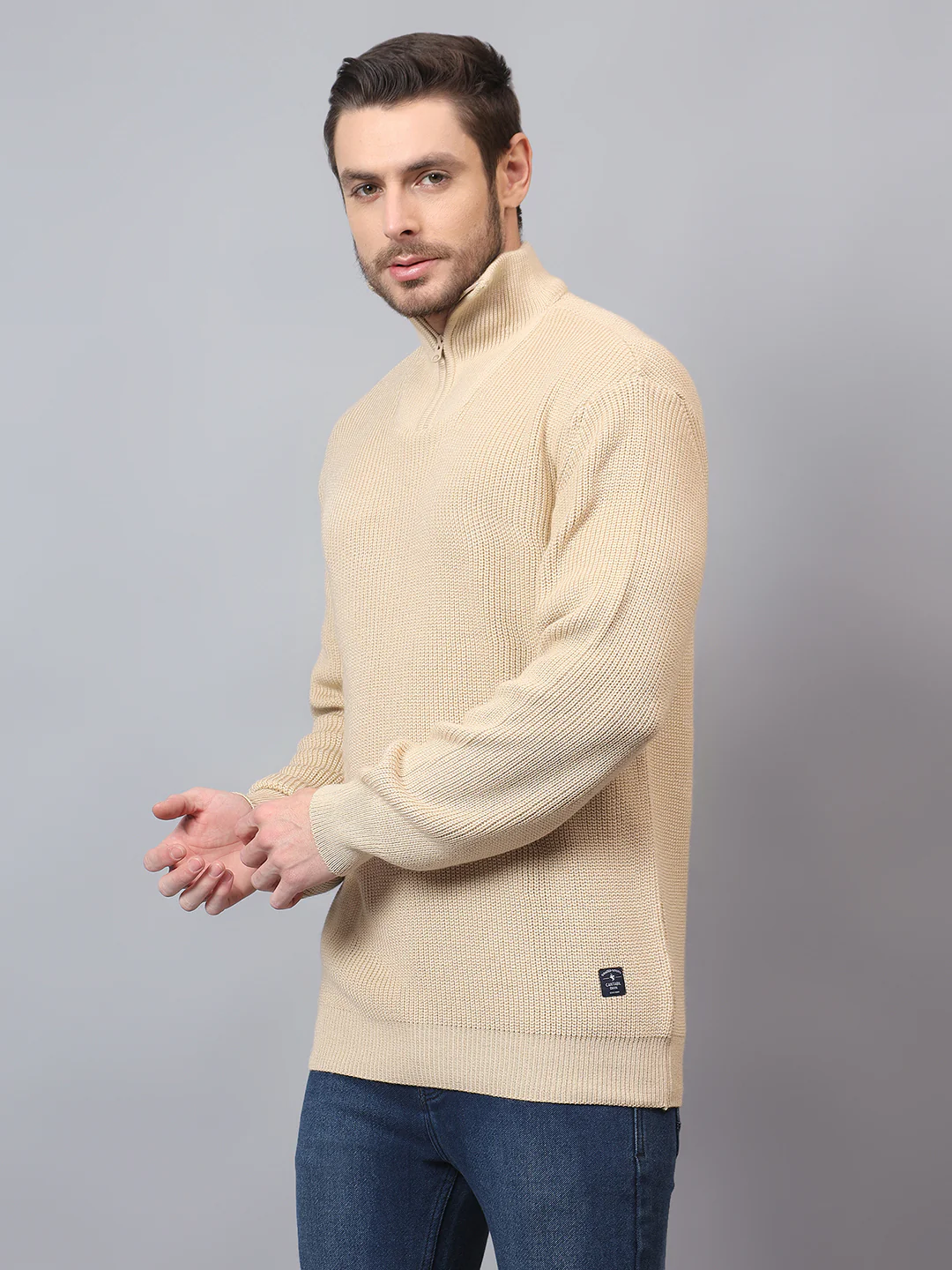 Men's Beige Solid Full Sleeve Sweater - Image 4
