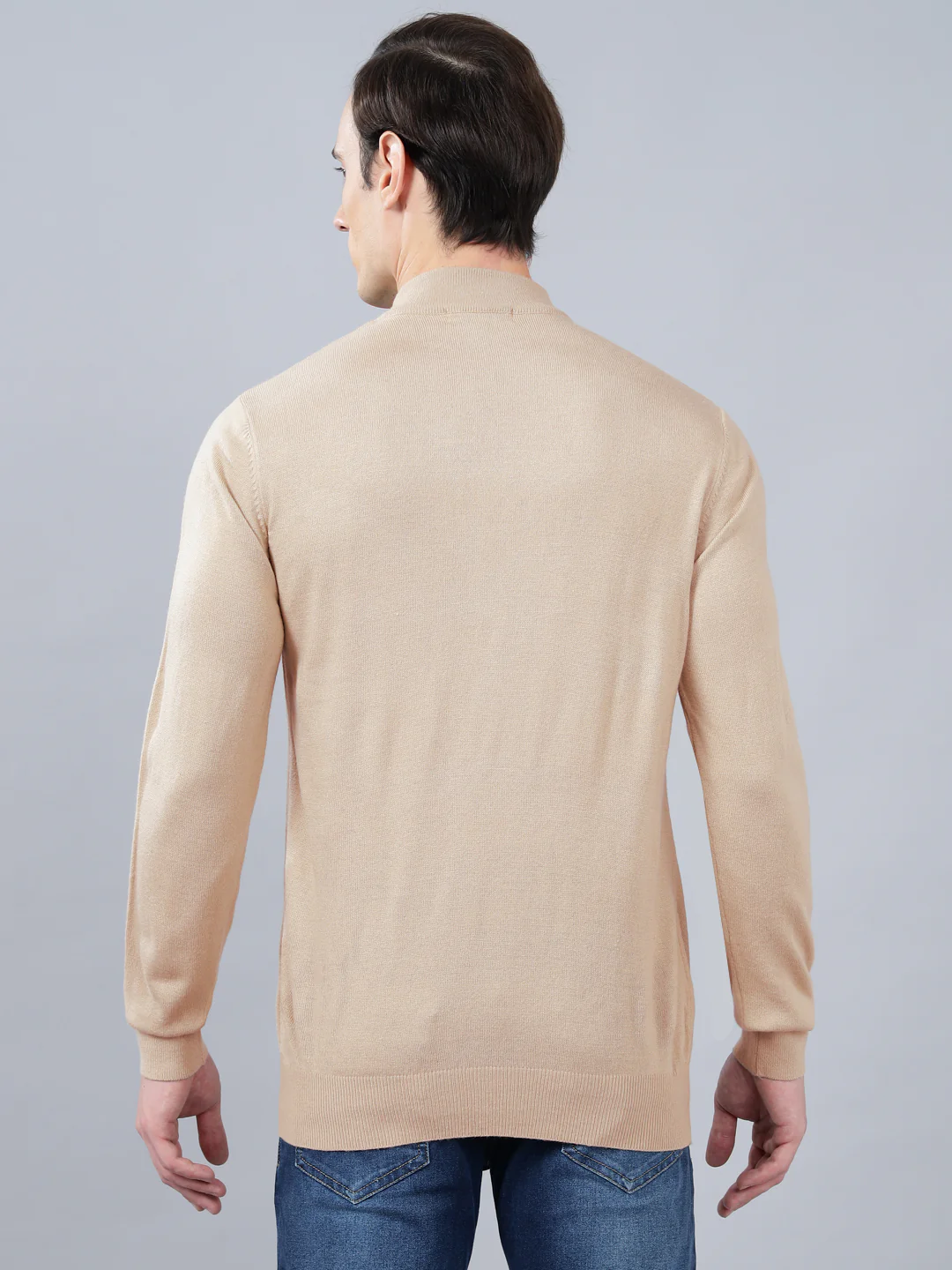 Men's Beige Solid Full Sleeve Sweater - Image 2