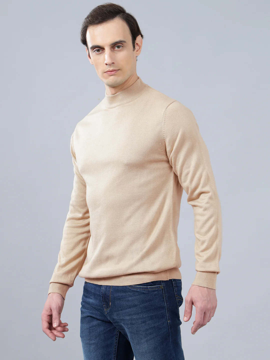 Men's Beige Solid Full Sleeve Sweater - Image 3