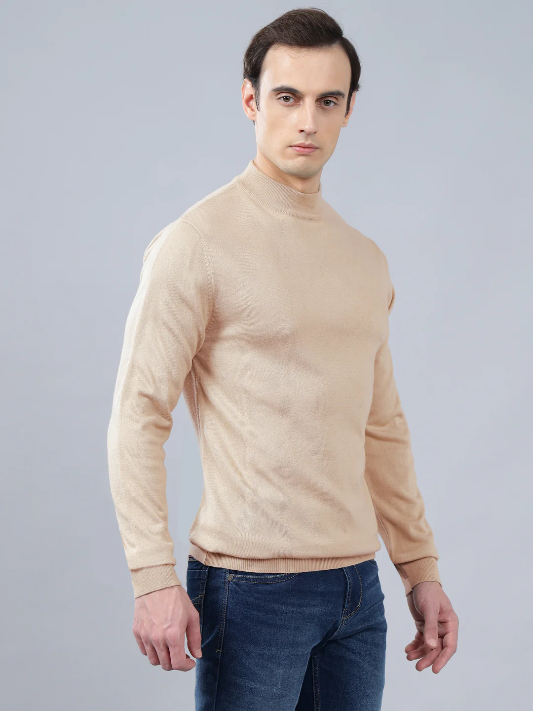 Men's Beige Solid Full Sleeve Sweater - Image 4