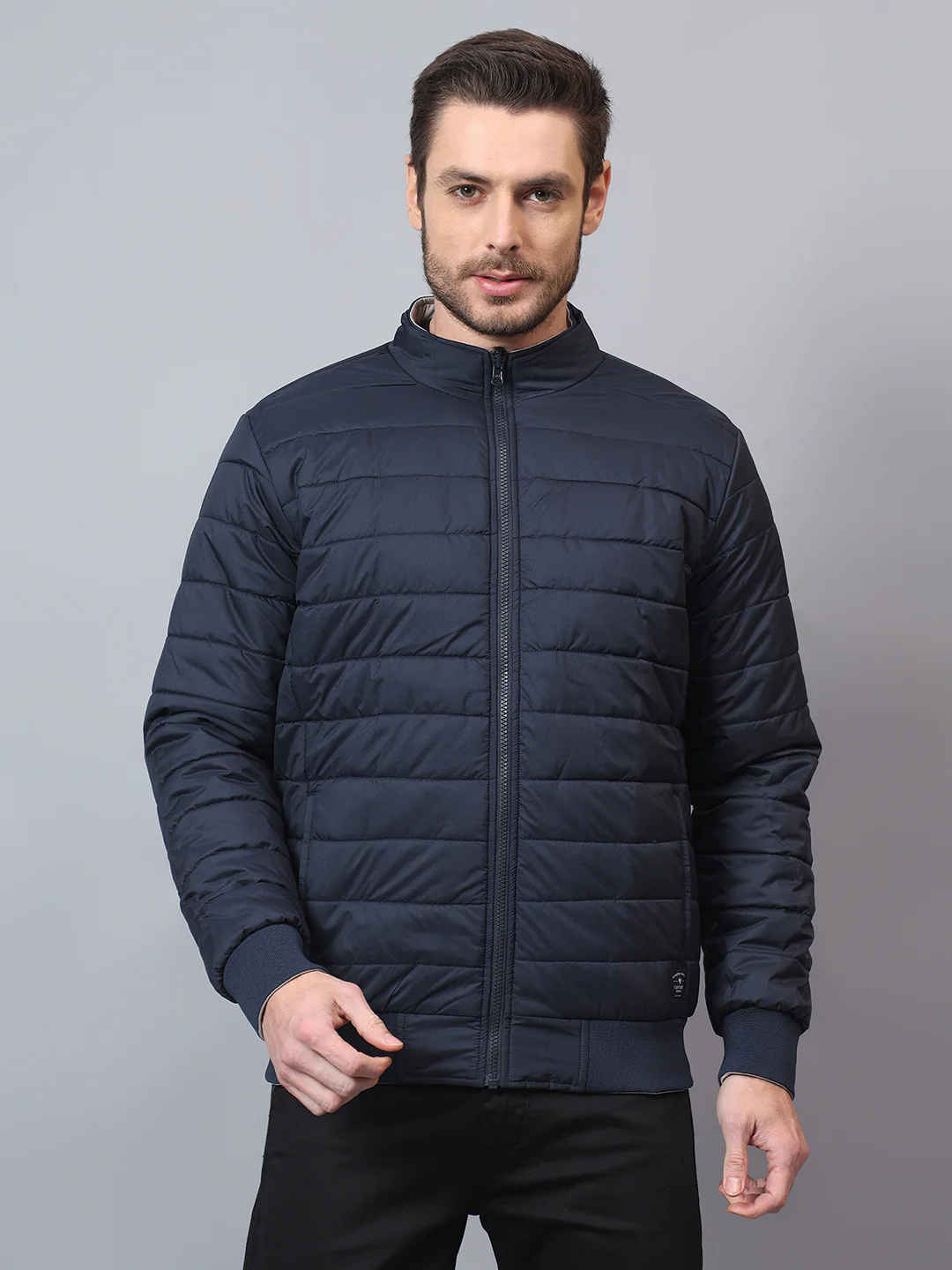 Men's Beige Solid Mock Neck Winter Reversible Jacket - Image 2
