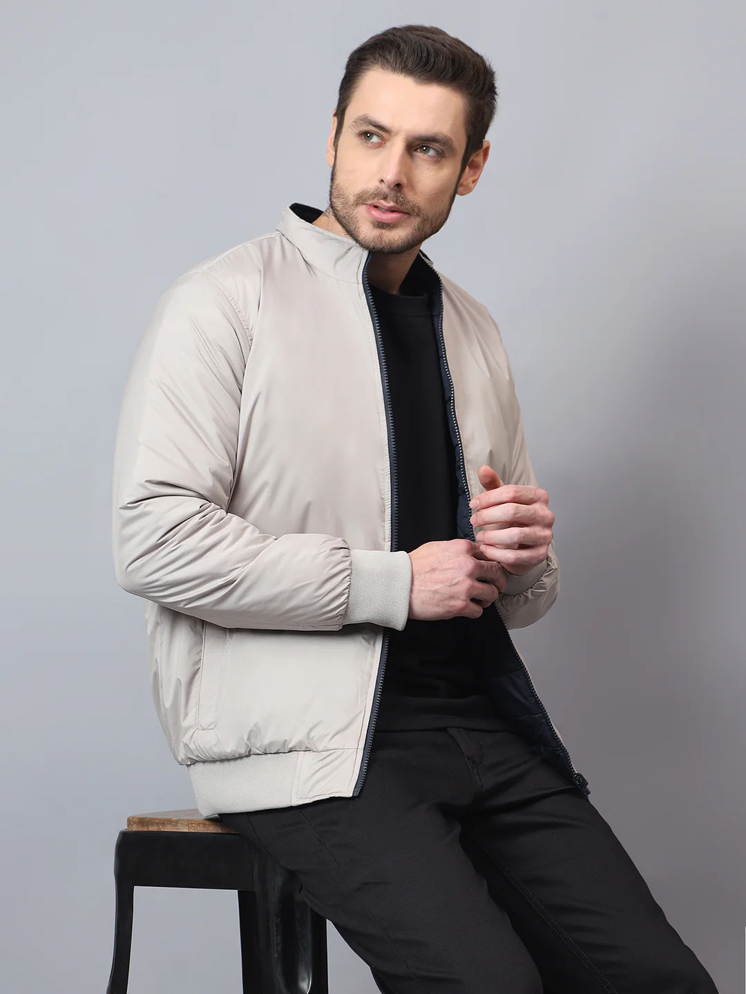 Men's Beige Solid Mock Neck Winter Reversible Jacket - Image 3