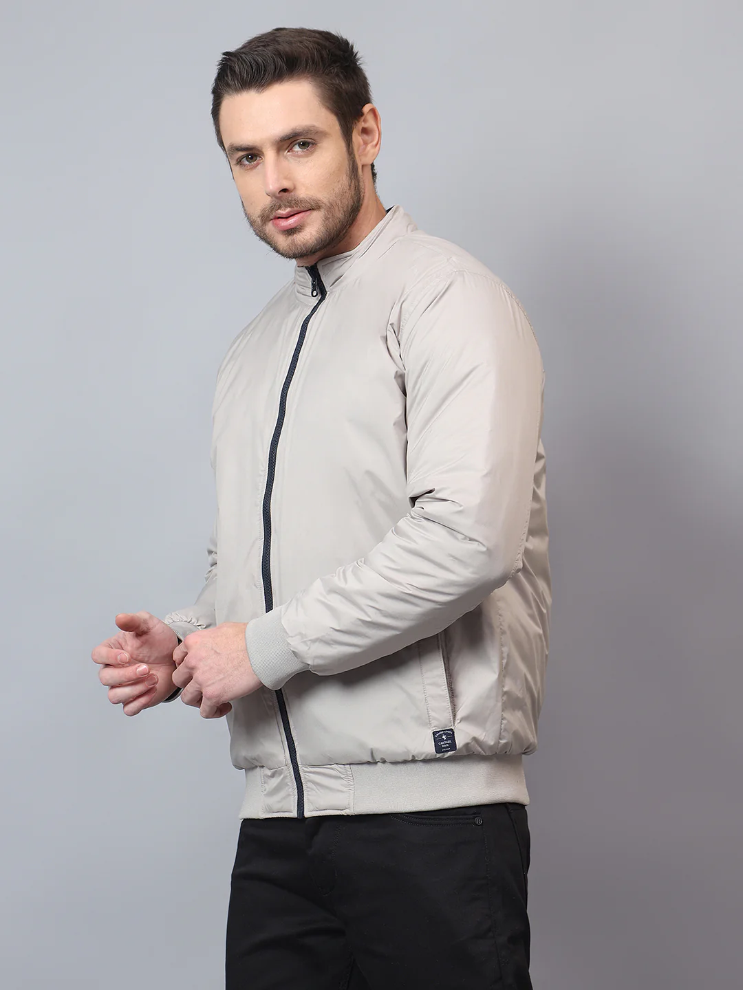 Men's Beige Solid Mock Neck Winter Reversible Jacket - Image 4