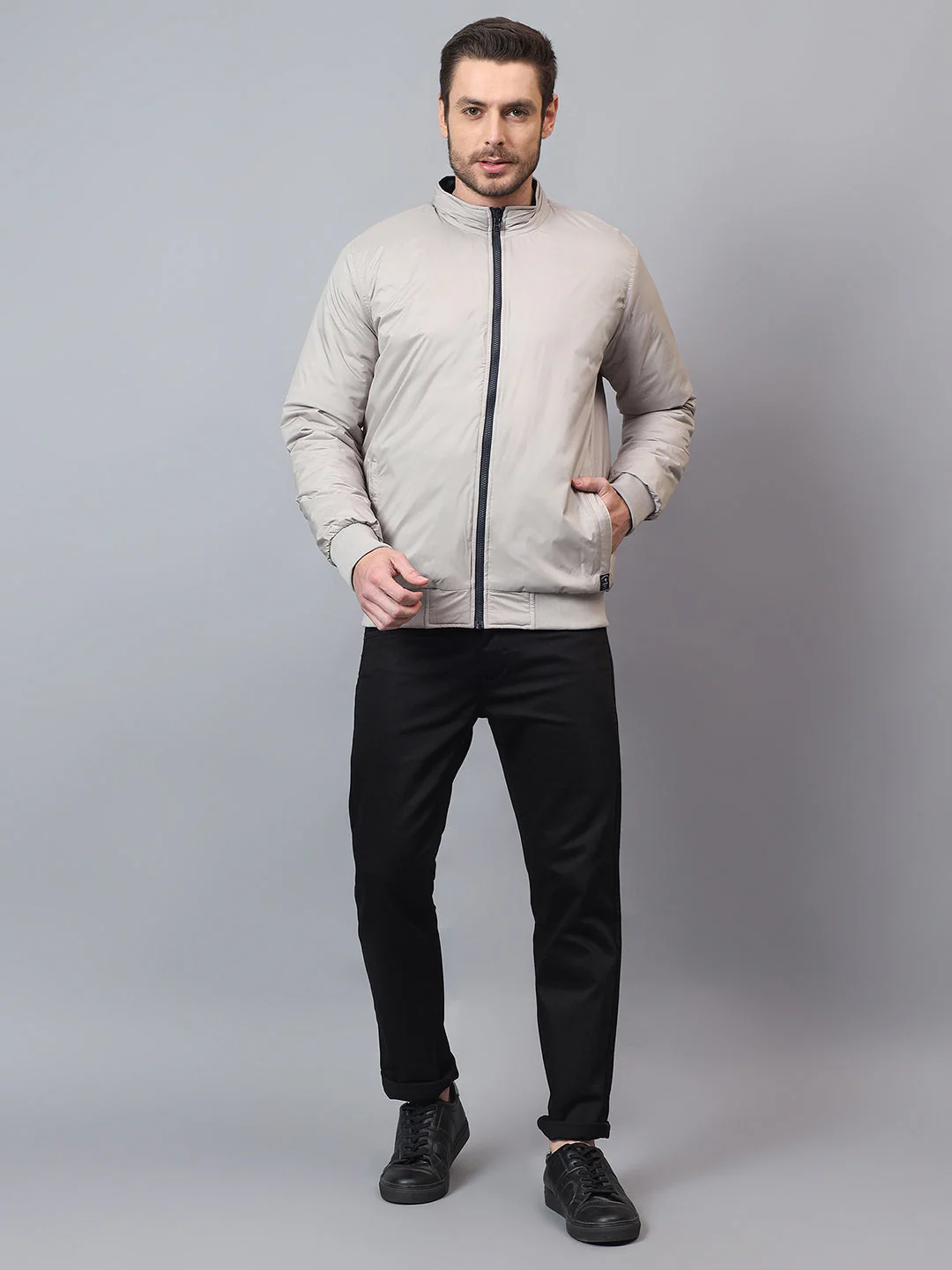 Men's Beige Solid Mock Neck Winter Reversible Jacket - Image 5