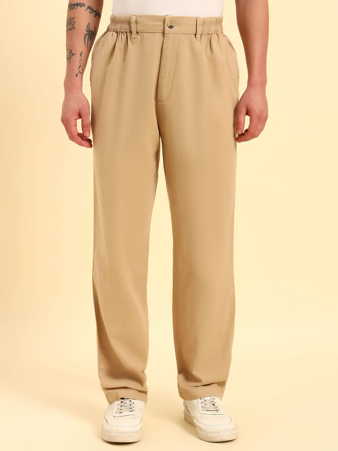Men's Beige Solid Regular Fit Lower - Image 3