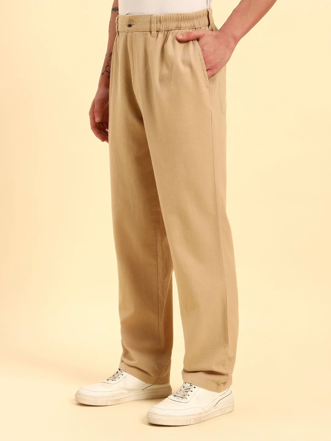 Men's Beige Solid Regular Fit Lower - Image 4