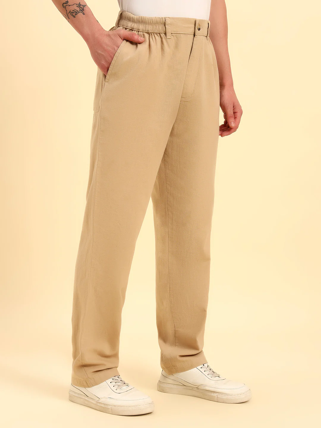 Men's Beige Solid Regular Fit Lower - Image 5