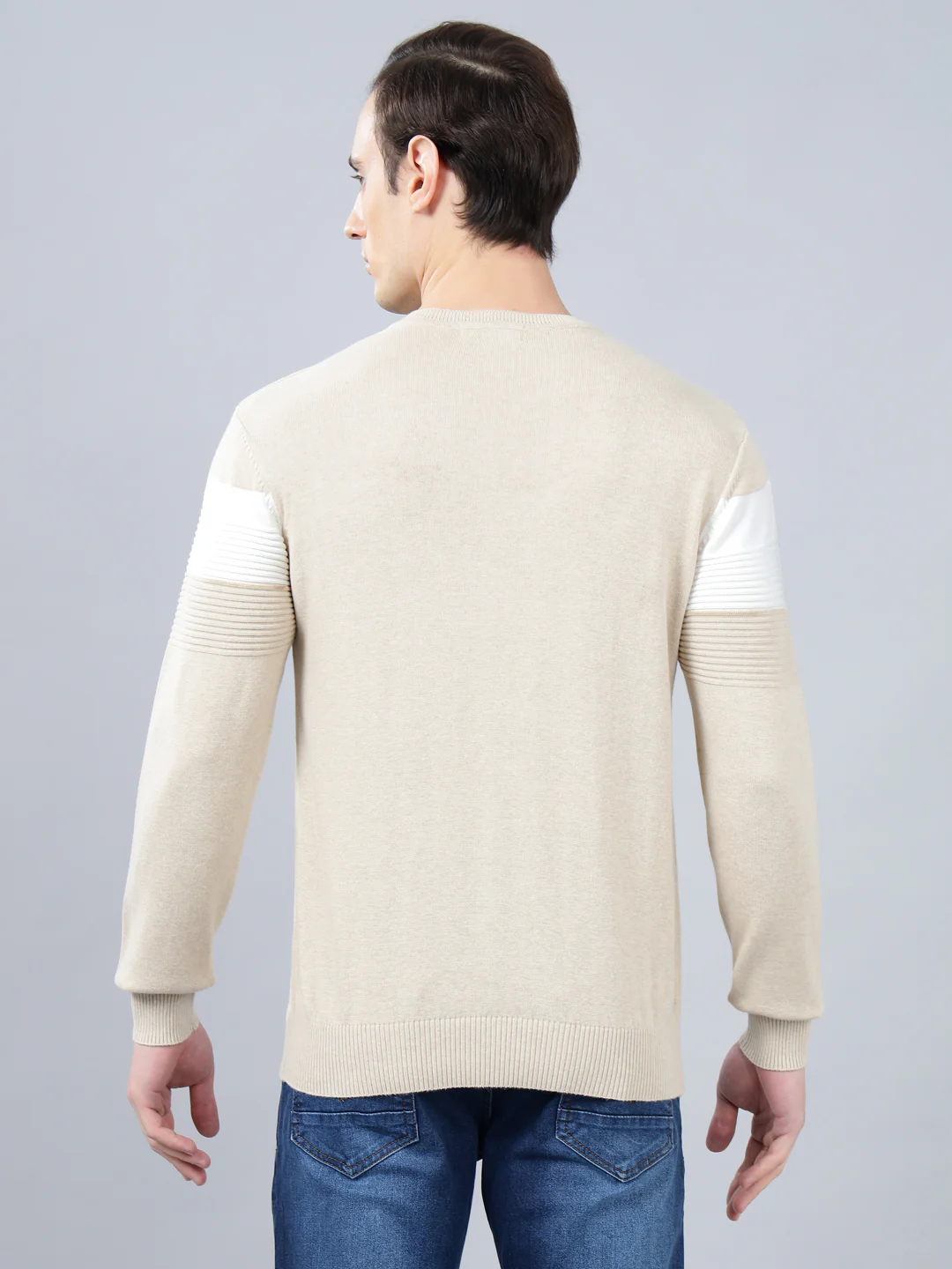 Men's Beige Striped Full Sleeve Sweater - Image 2