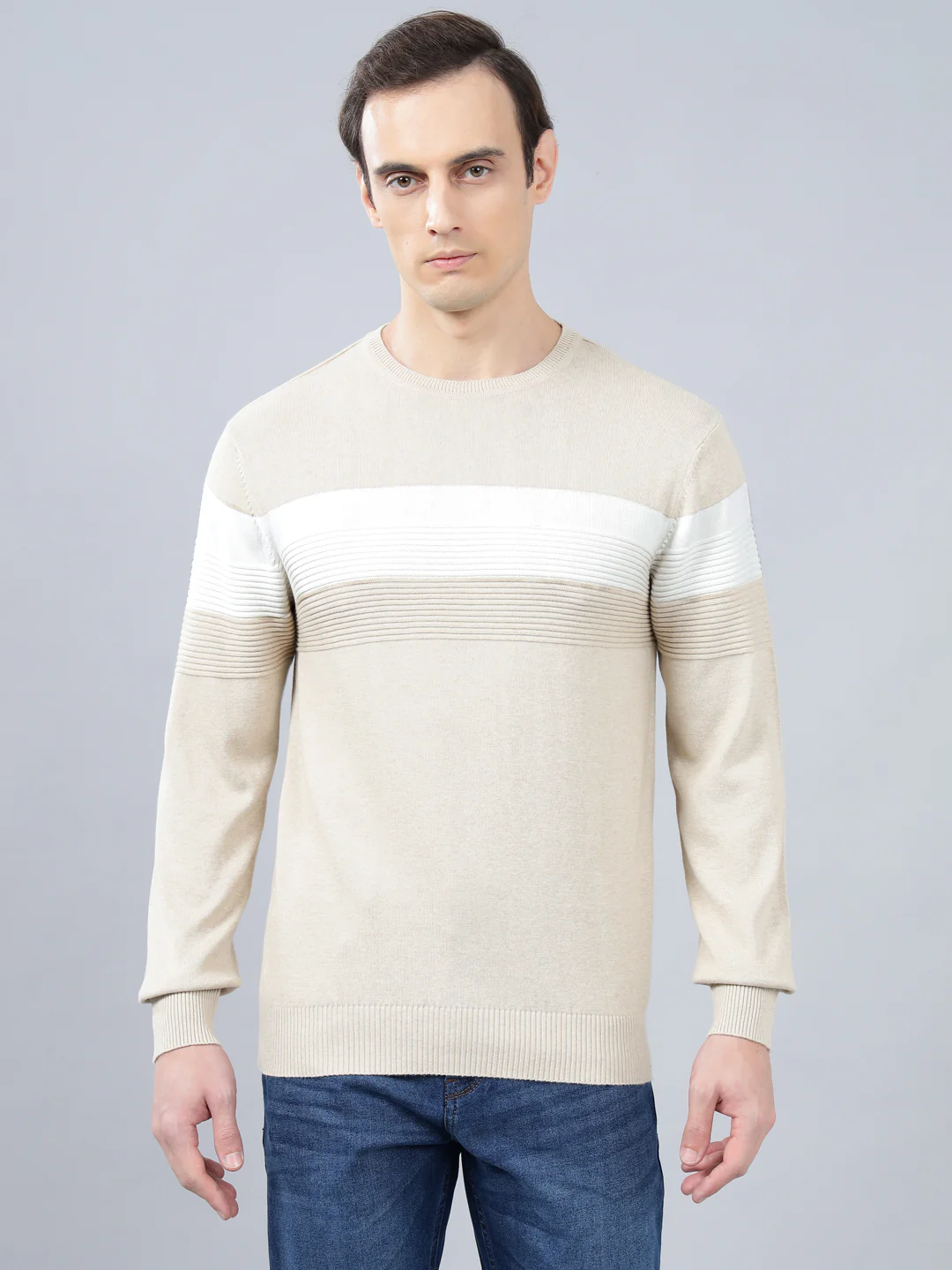 Men's Beige Striped Full Sleeve Sweater - Image 3