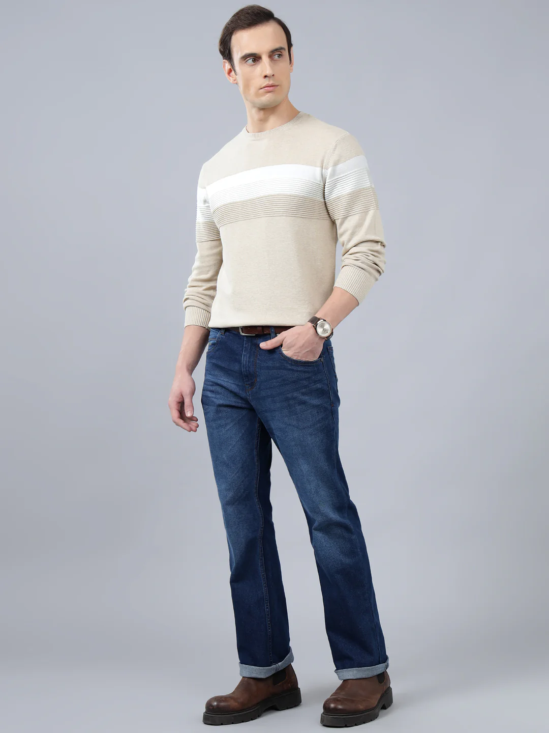 Men's Beige Striped Full Sleeve Sweater - Image 4