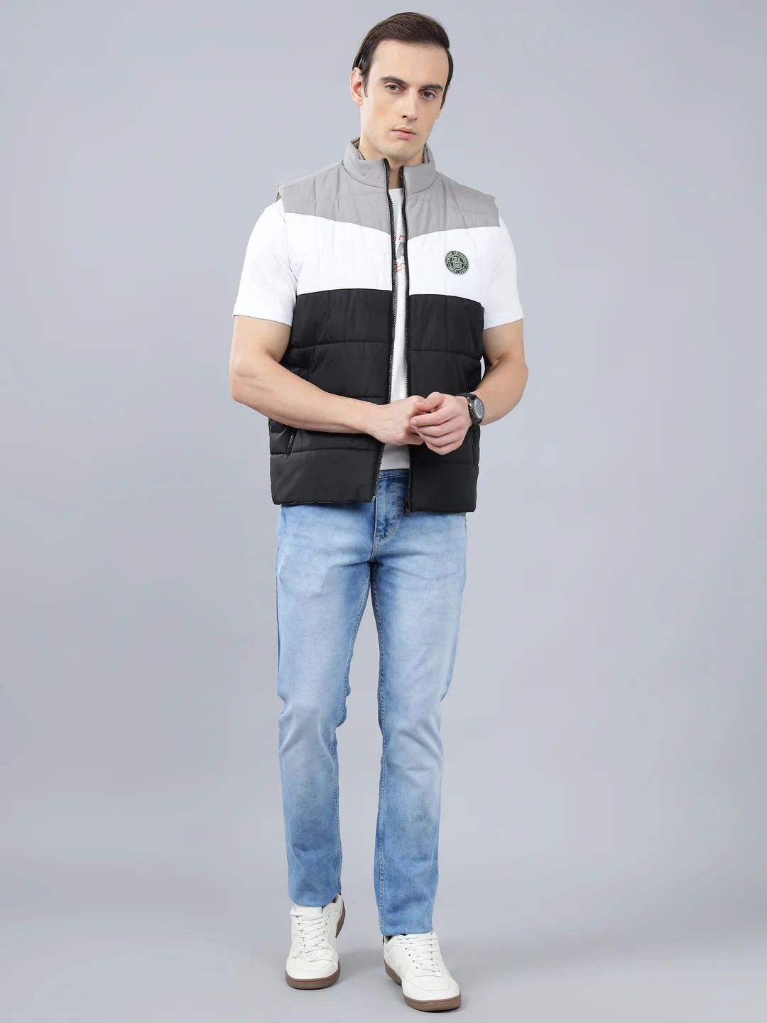 Men's Black Color Block Mock Neck Reversible Winter Jacket - Image 4