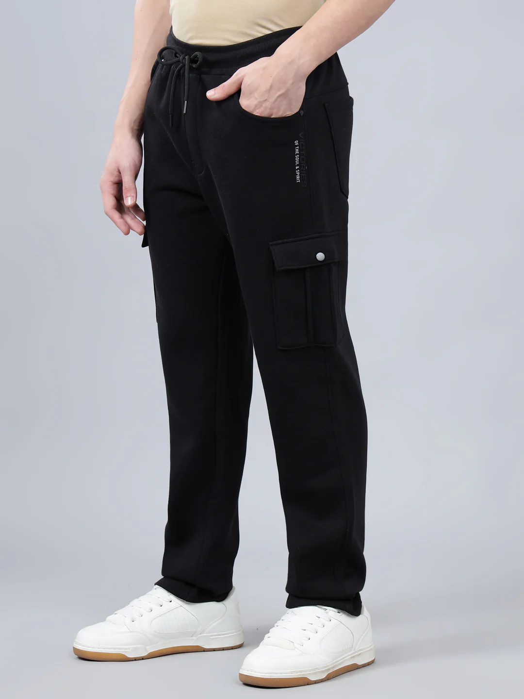 Men's Black Solid Full Length Winter Cargo Pant - Image 3