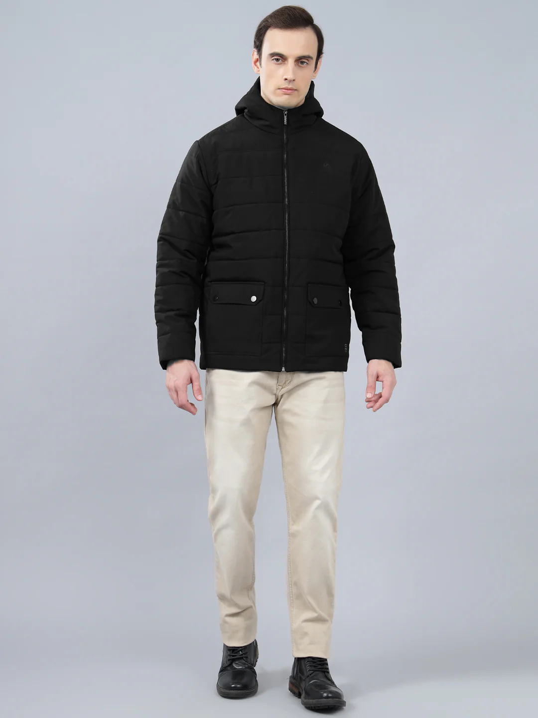 Men's Black Solid Hooded Neck Winter Jacket - Image 3