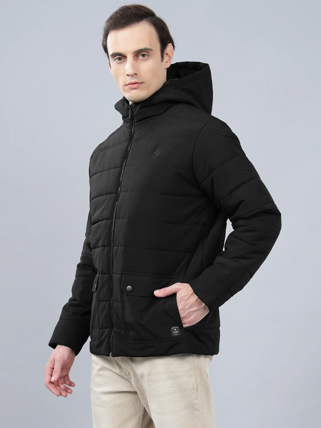 Men's Black Solid Hooded Neck Winter Jacket - Image 4