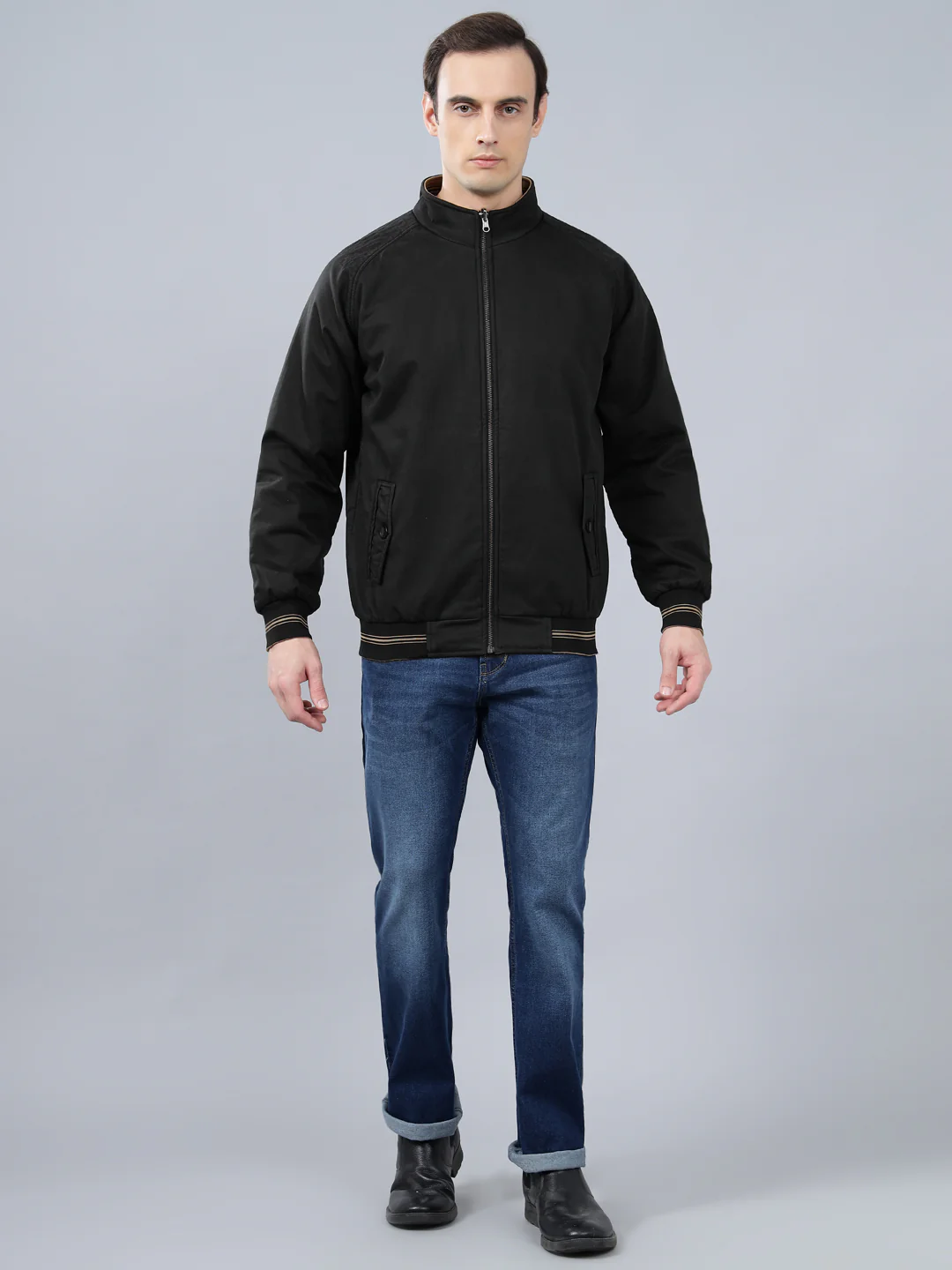 Men's Black Solid Mock Neck Reversible Winter Jacket - Image 2