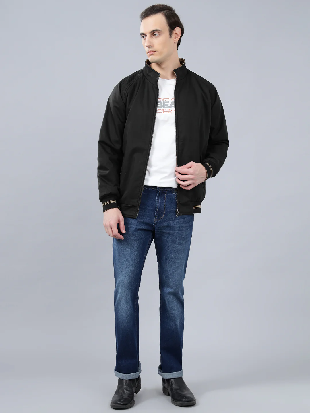 Men's Black Solid Mock Neck Reversible Winter Jacket - Image 3