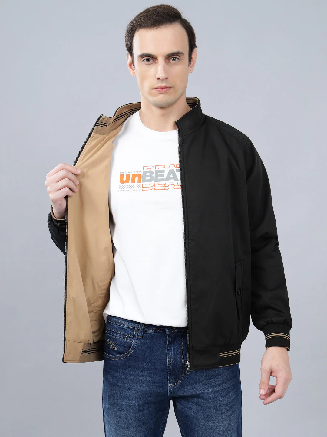 Men's Black Solid Mock Neck Reversible Winter Jacket - Image 5
