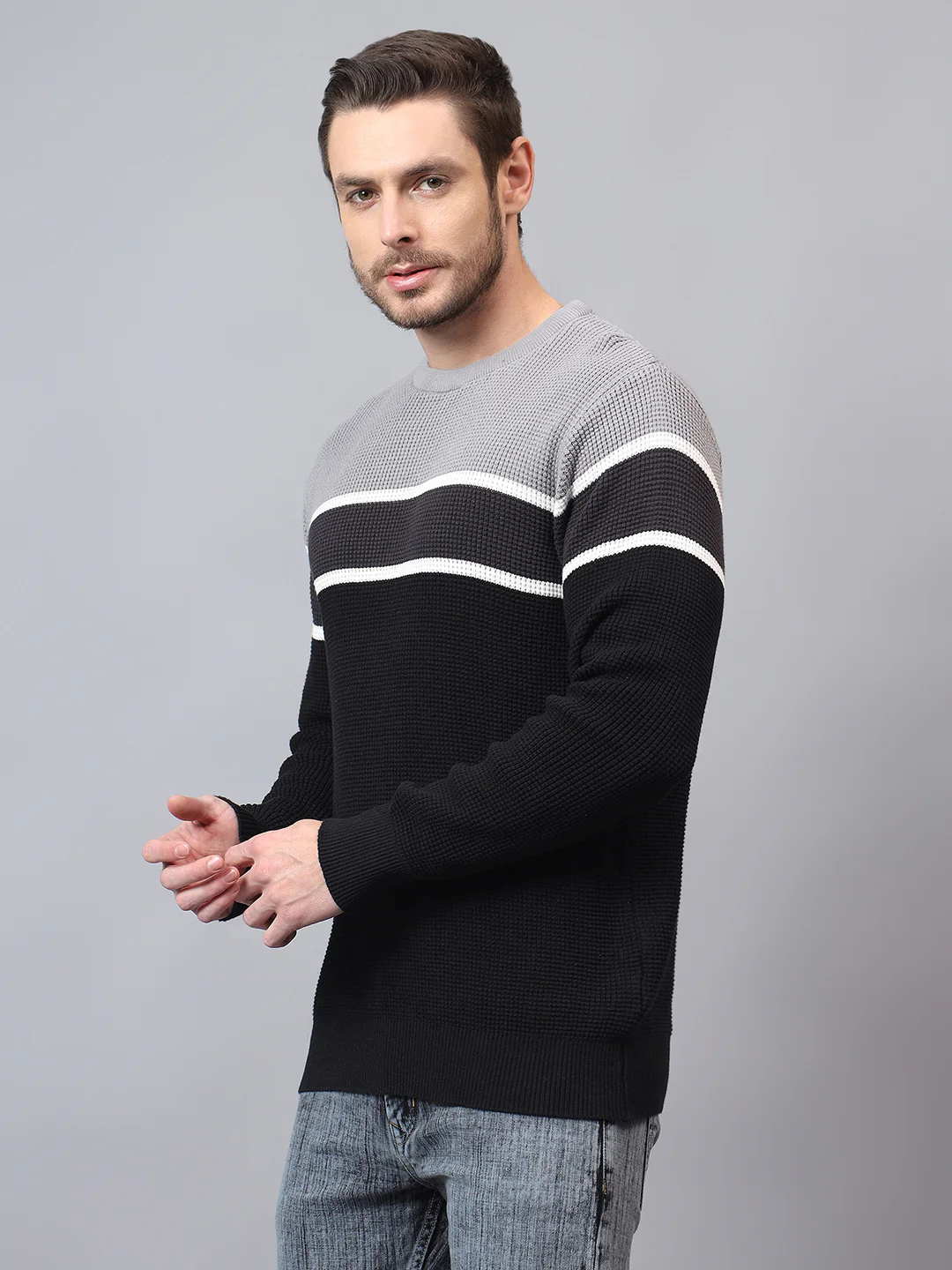 Men's Black Striped Full Sleeve Sweater - Image 2