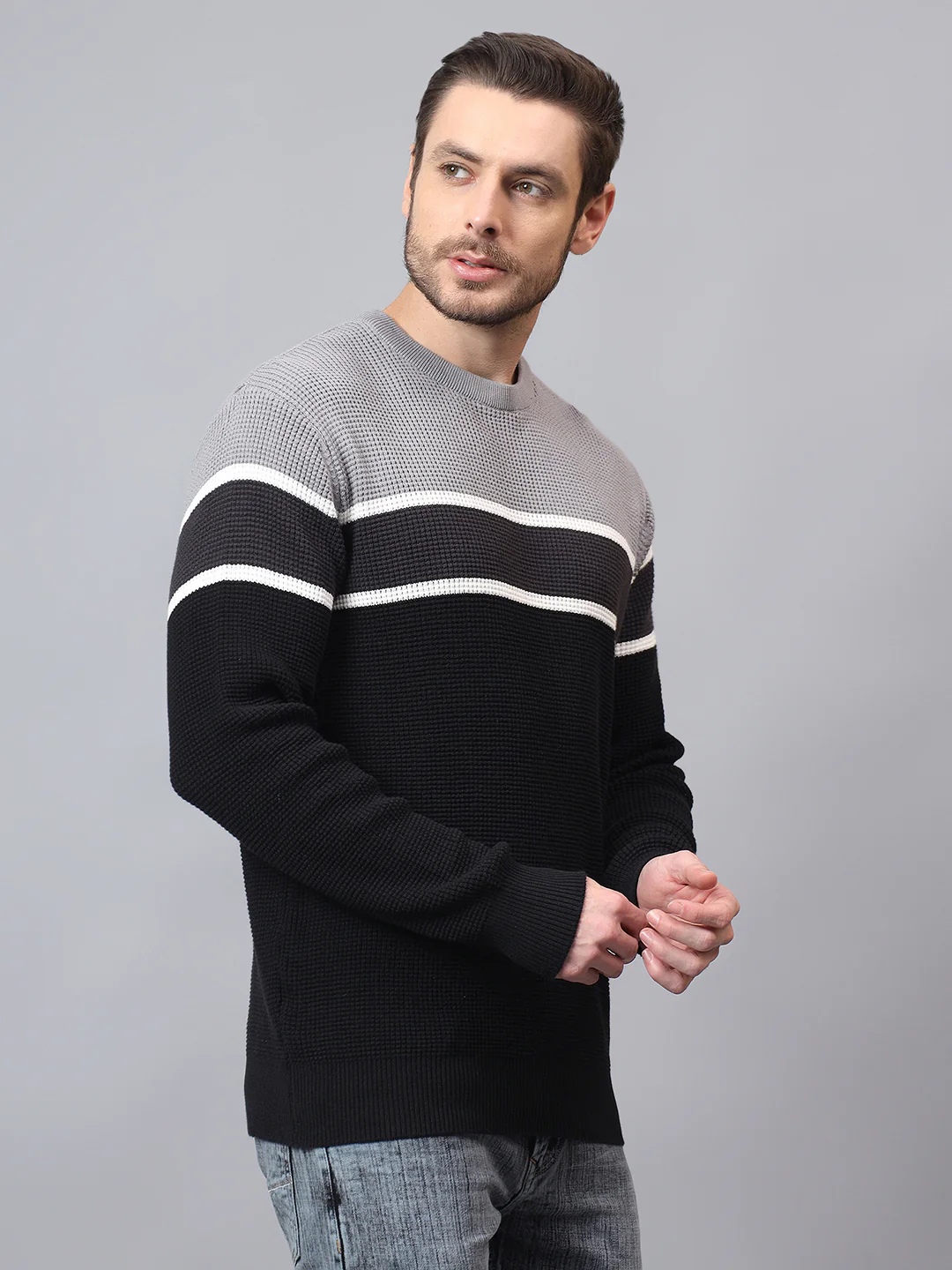 Men's Black Striped Full Sleeve Sweater - Image 3