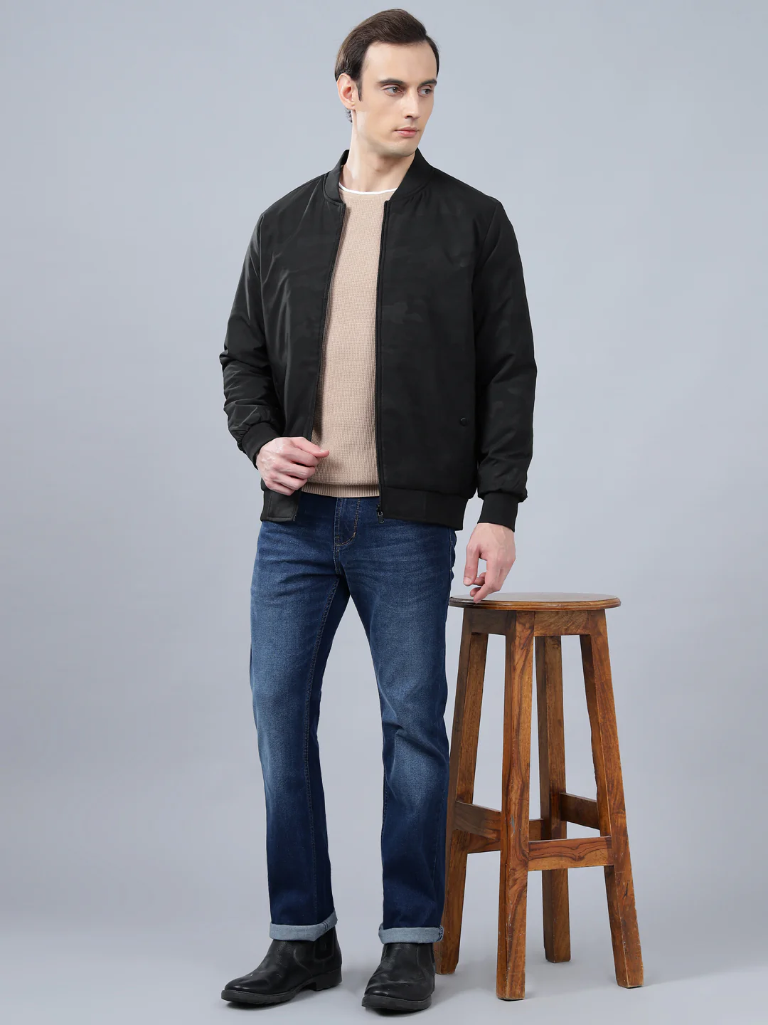 Men's Blue Camouflage Mock Neck Reversible Winter Jacket - Image 3