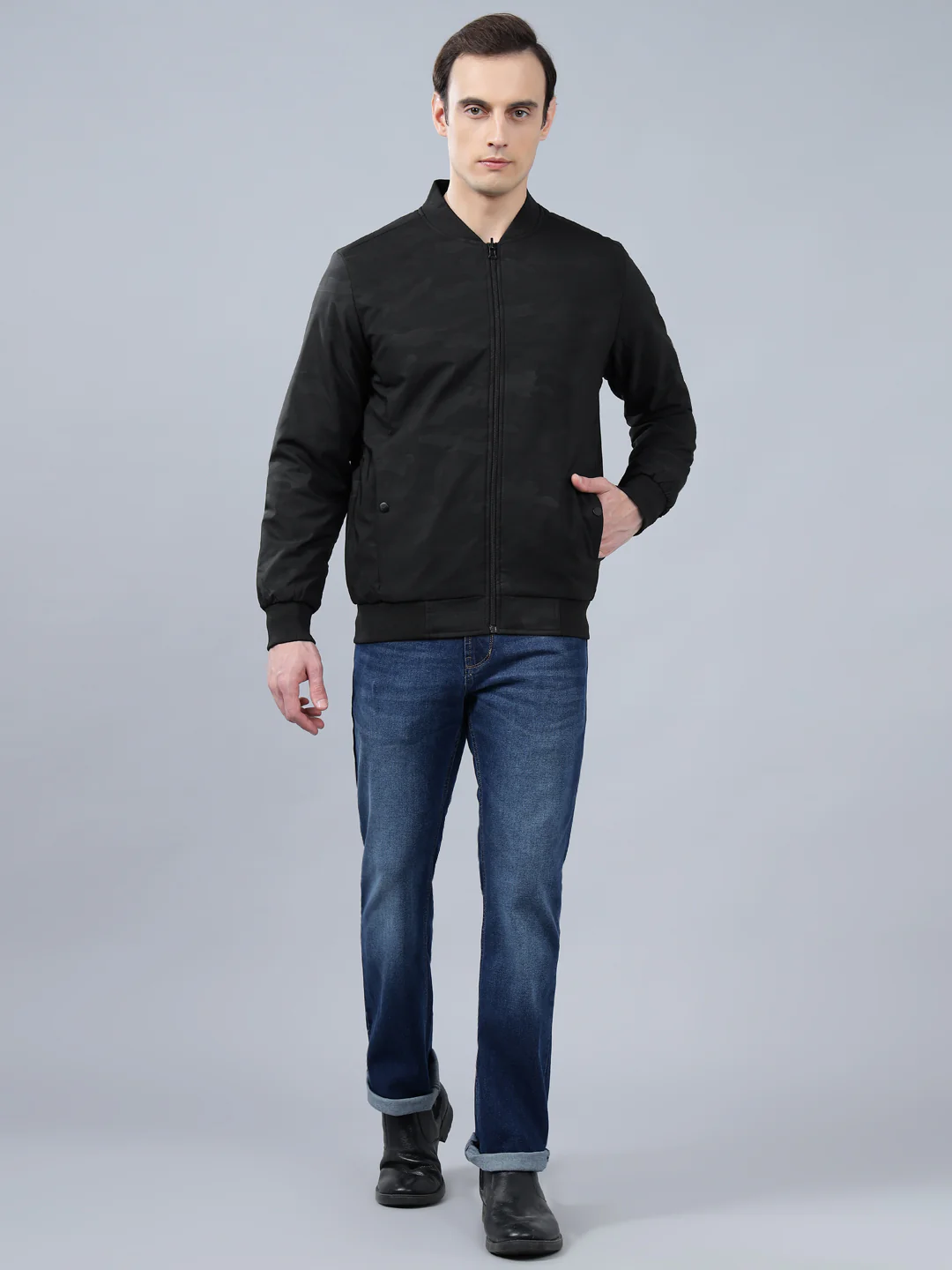 Men's Blue Camouflage Mock Neck Reversible Winter Jacket - Image 4