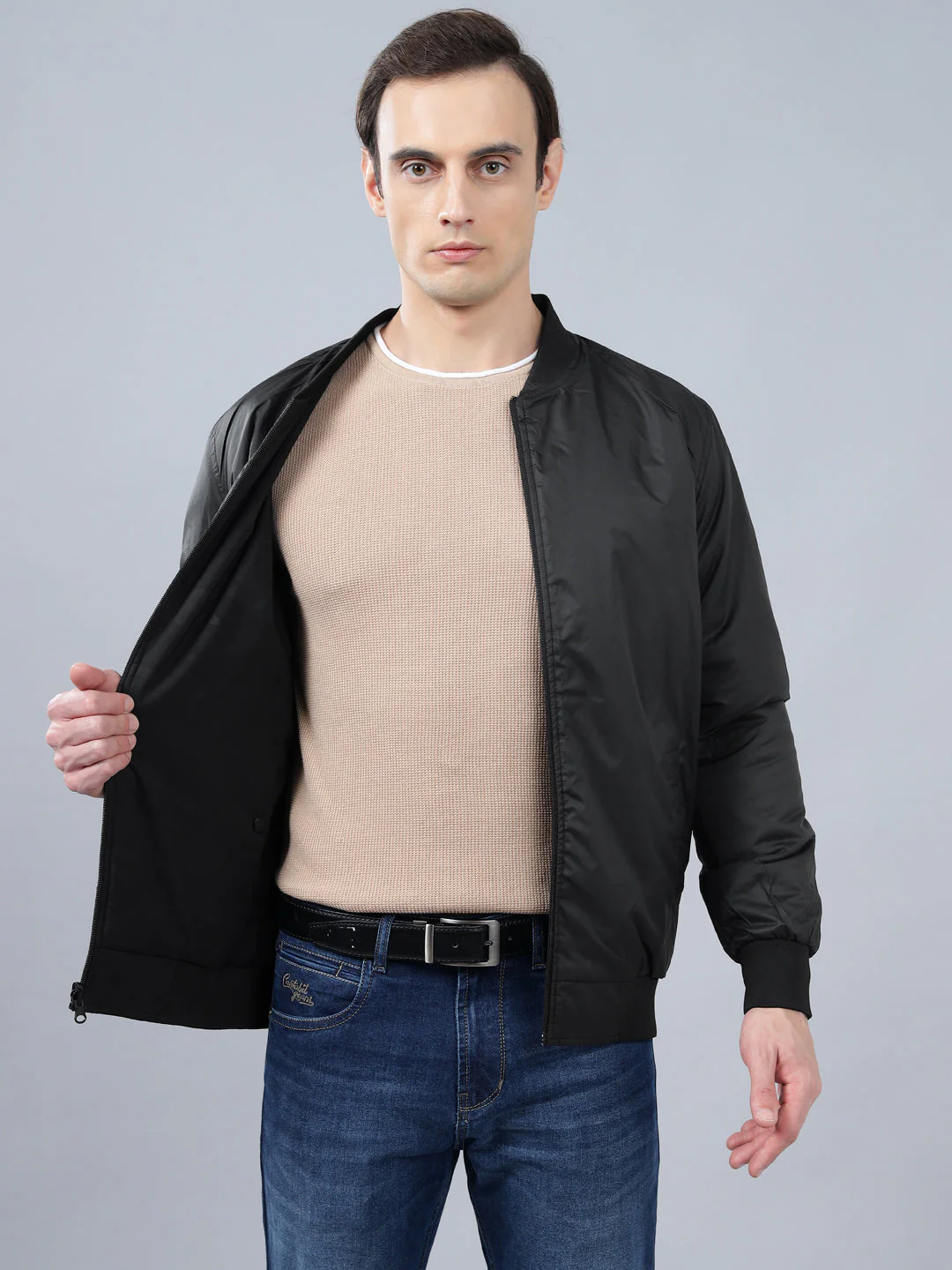 Men's Blue Camouflage Mock Neck Reversible Winter Jacket - Image 5