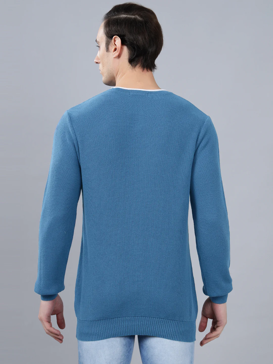 Men's Blue Self Design Full Sleeve Sweater - Image 2