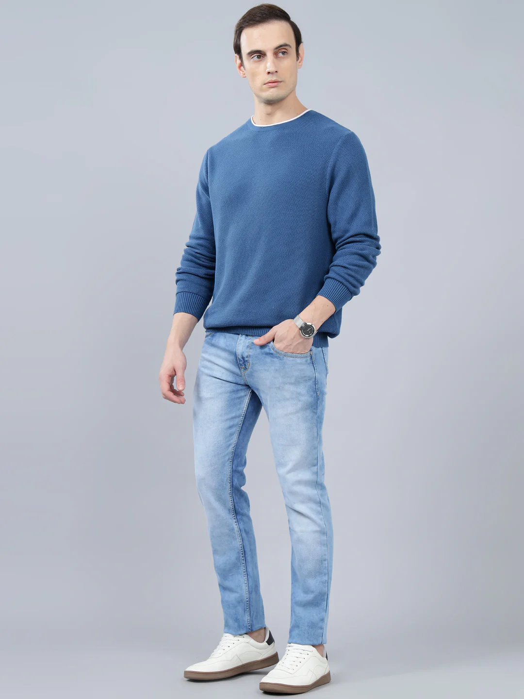 Men's Blue Self Design Full Sleeve Sweater - Image 3