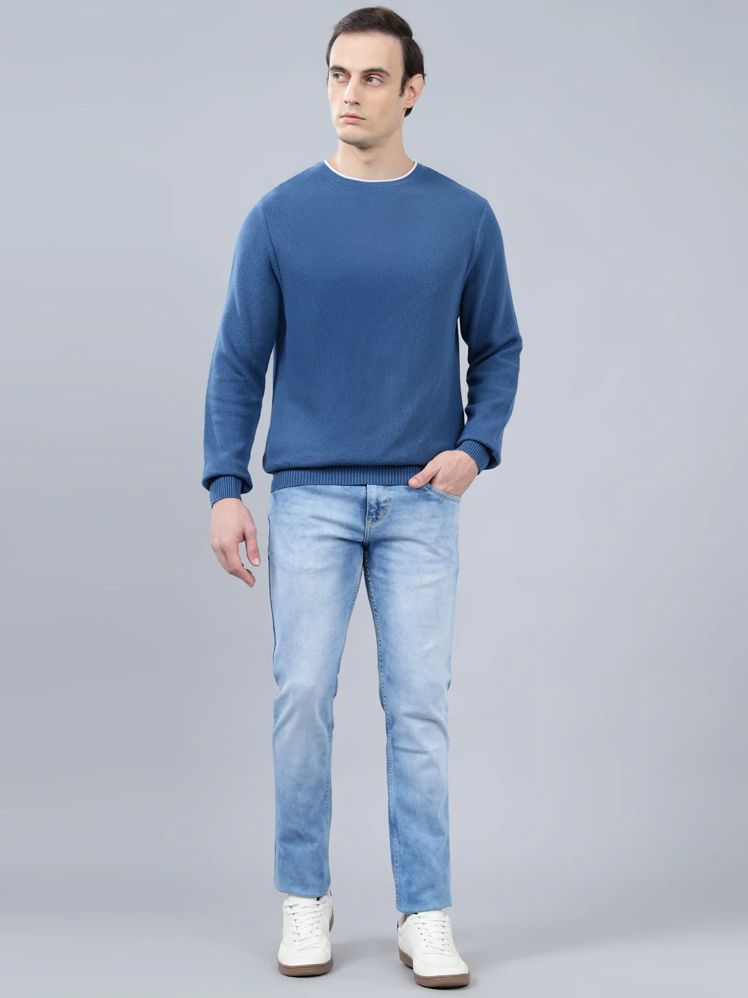 Men's Blue Self Design Full Sleeve Sweater - Image 4