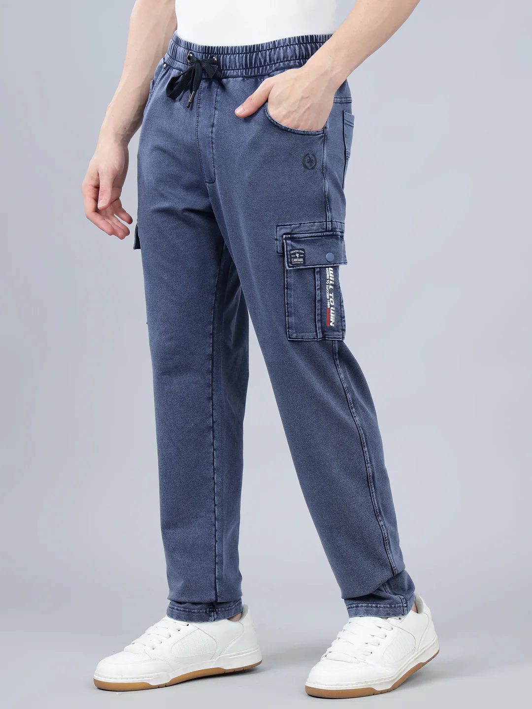 Men's Blue Solid Full Length Winter Cargo Pant - Image 3