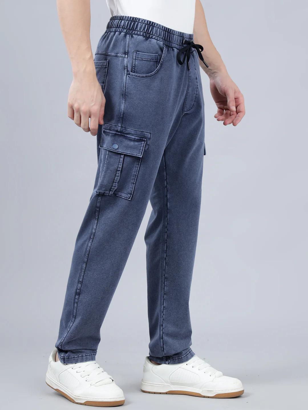 Men's Blue Solid Full Length Winter Cargo Pant - Image 4