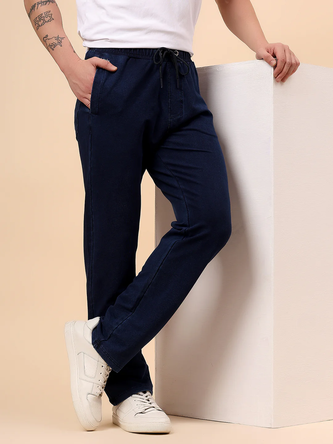 Men's Blue Solid Regular Fit Casual Track Pant - Image 3
