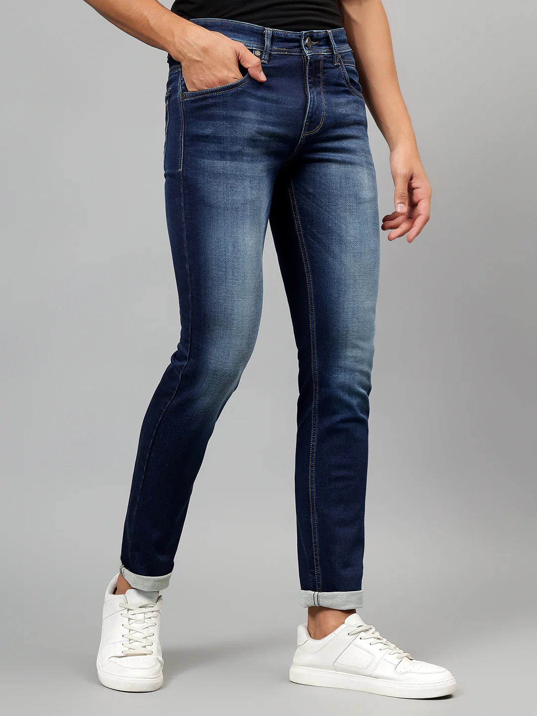 Denim Jeans for Men l Breathable & Soft with Color Fastness Ultra Narrow Fit Cotton Fabric Solid Pattern Button Closure - Image 4