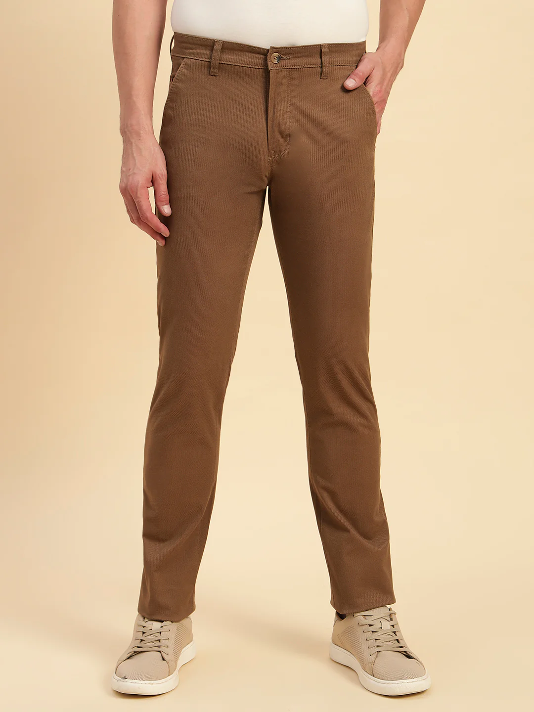 Casual Trouser for Men | Breathable & Soft with Color Fastness Regular Fit Cotton Blend Fabric Self Design Pattern Button Closure - Image 2