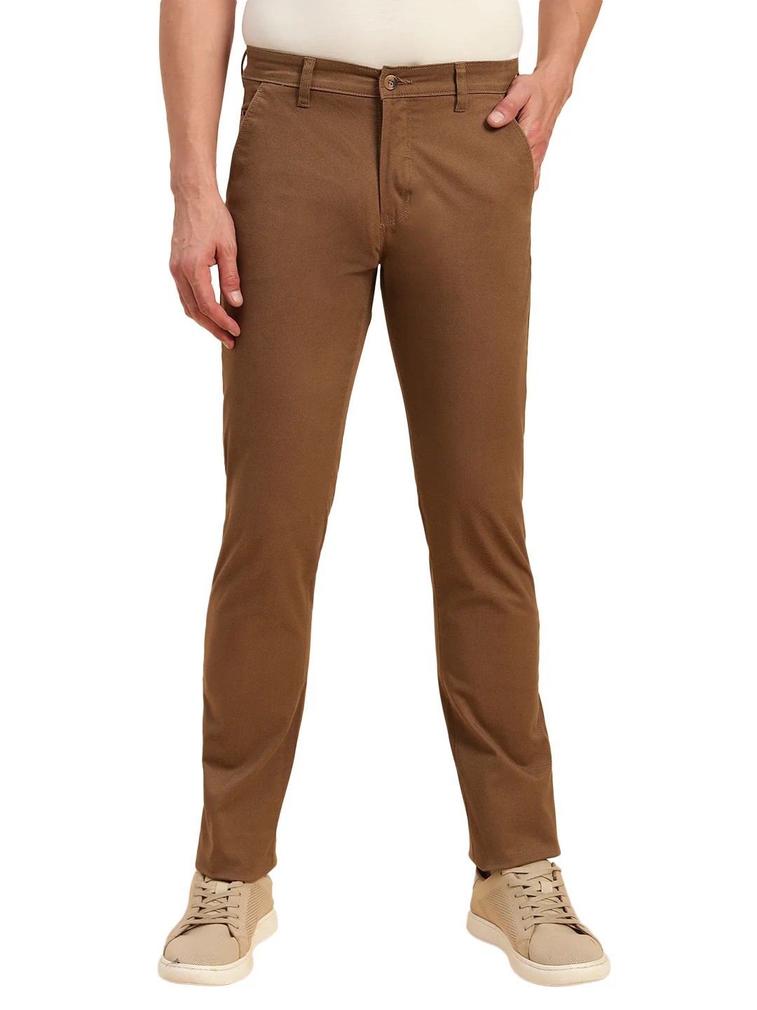 Casual Trouser for Men | Breathable & Soft with Color Fastness Regular Fit Cotton Blend Fabric Self Design Pattern Button Closure - Image 3