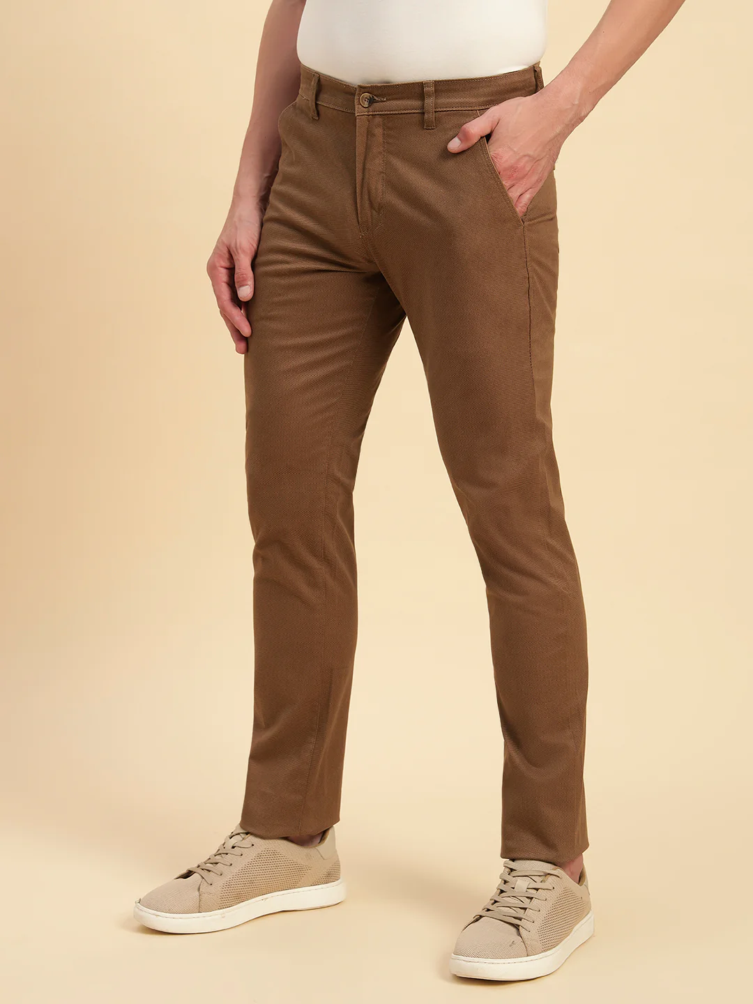 Casual Trouser for Men | Breathable & Soft with Color Fastness Regular Fit Cotton Blend Fabric Self Design Pattern Button Closure - Image 4