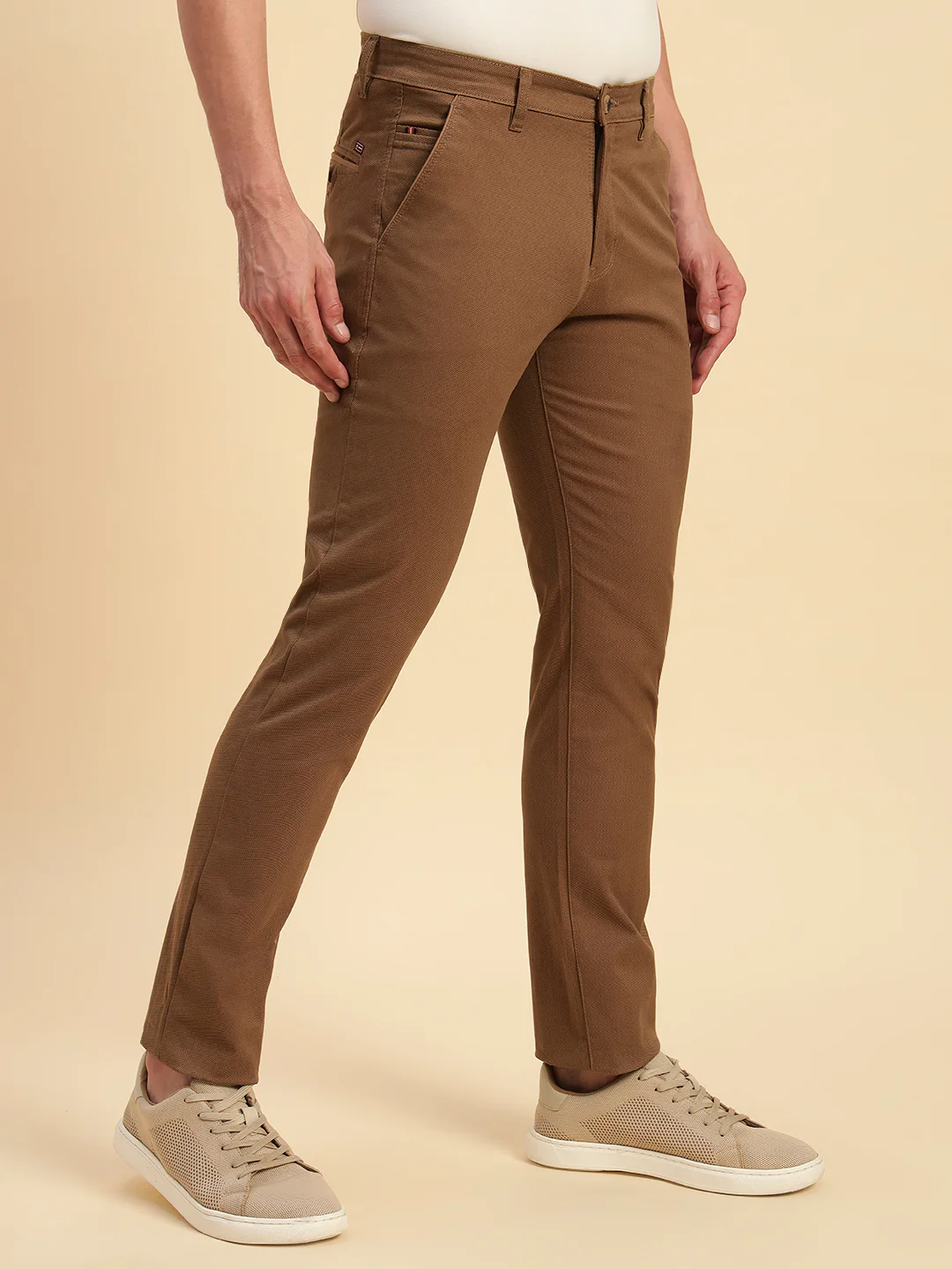 Casual Trouser for Men | Breathable & Soft with Color Fastness Regular Fit Cotton Blend Fabric Self Design Pattern Button Closure - Image 5