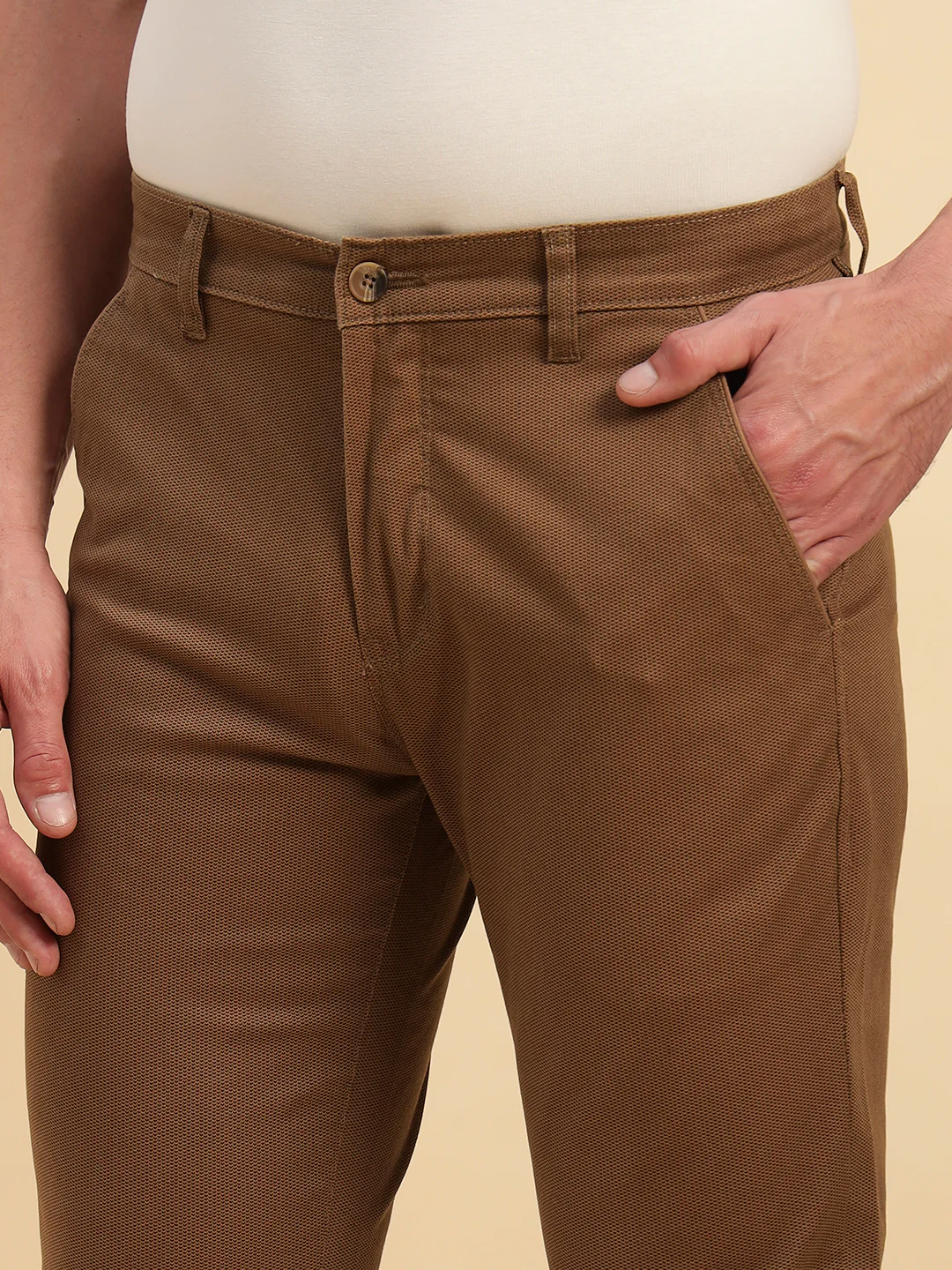 Casual Trouser for Men | Breathable & Soft with Color Fastness Regular Fit Cotton Blend Fabric Self Design Pattern Button Closure - Image 7
