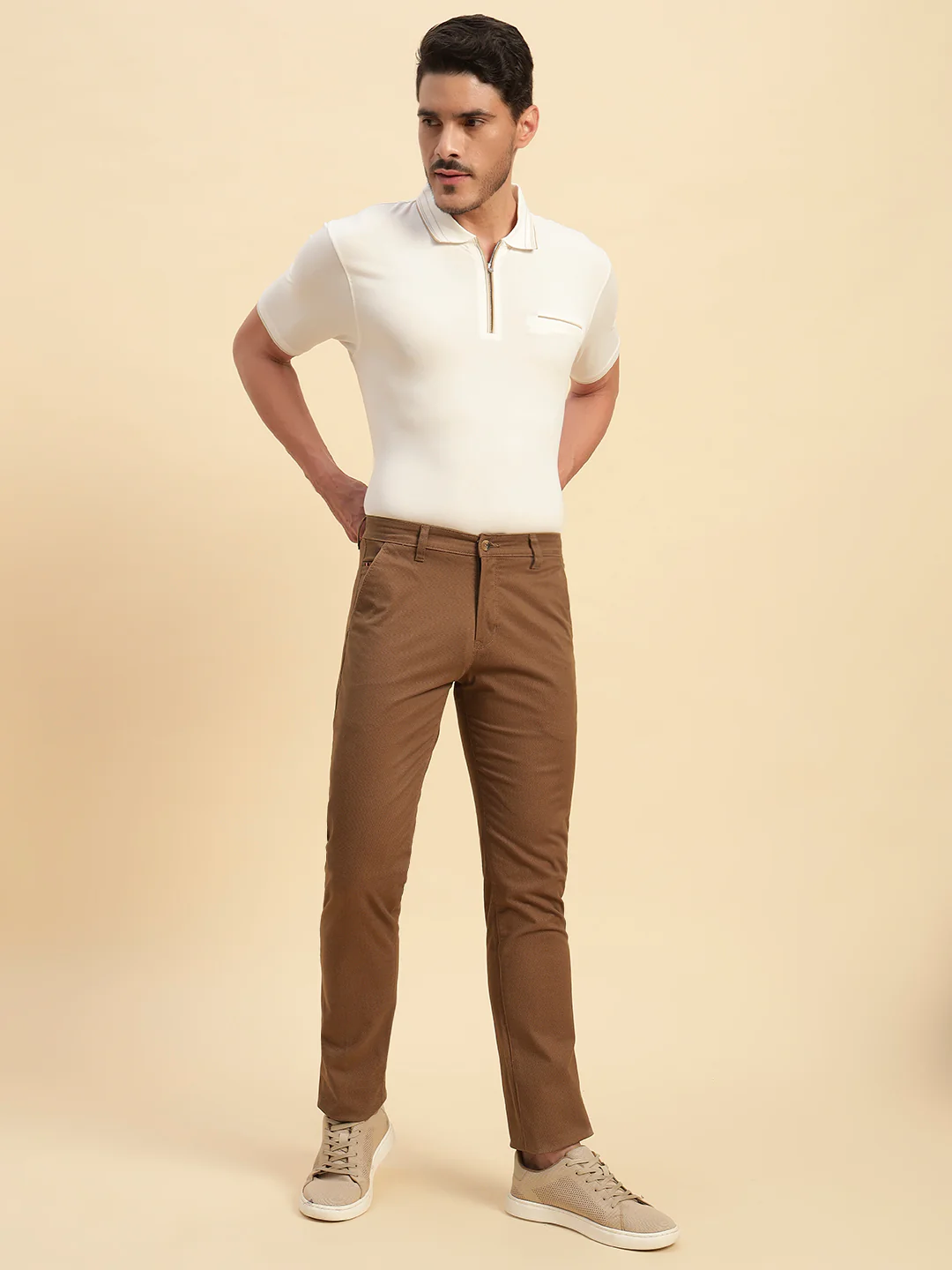 Casual Trouser for Men | Breathable & Soft with Color Fastness Regular Fit Cotton Blend Fabric Self Design Pattern Button Closure - Image 9