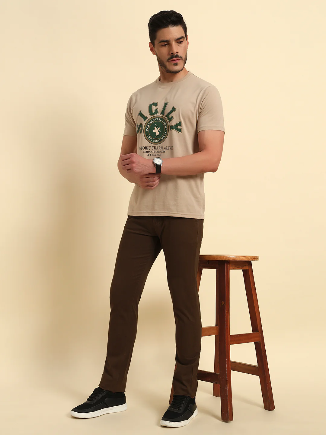 Casual Trouser for Men | Breathable & Soft with Color Fastness Regular Fit Cotton Blend Fabric Self Design Pattern Button Closure - Image 2