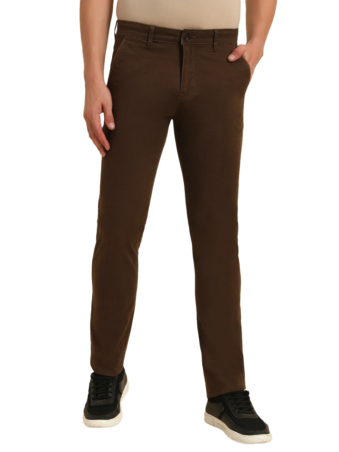Casual Trouser for Men | Breathable & Soft with Color Fastness Regular Fit Cotton Blend Fabric Self Design Pattern Button Closure - Image 4