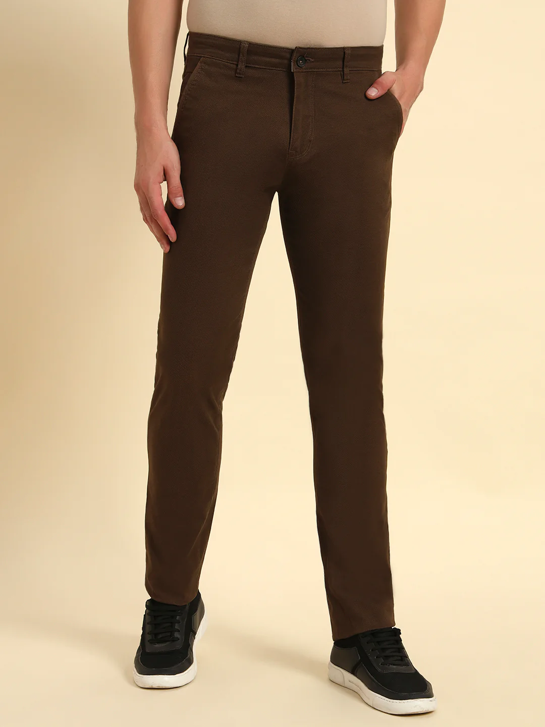 Casual Trouser for Men | Breathable & Soft with Color Fastness Regular Fit Cotton Blend Fabric Self Design Pattern Button Closure - Image 5
