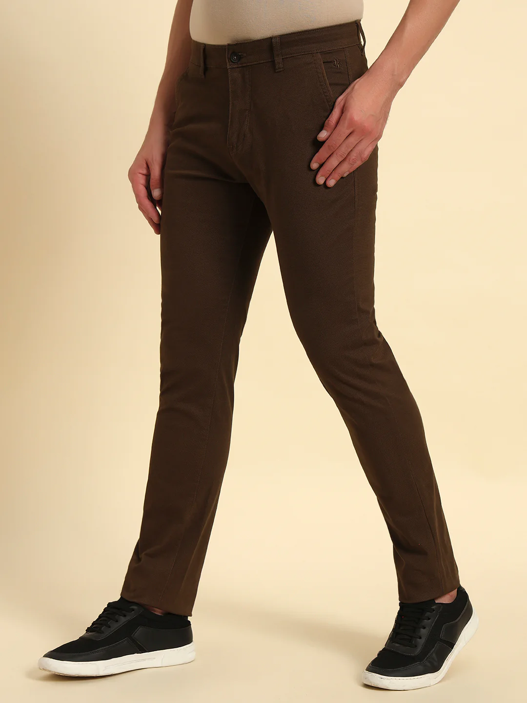 Casual Trouser for Men | Breathable & Soft with Color Fastness Regular Fit Cotton Blend Fabric Self Design Pattern Button Closure - Image 6
